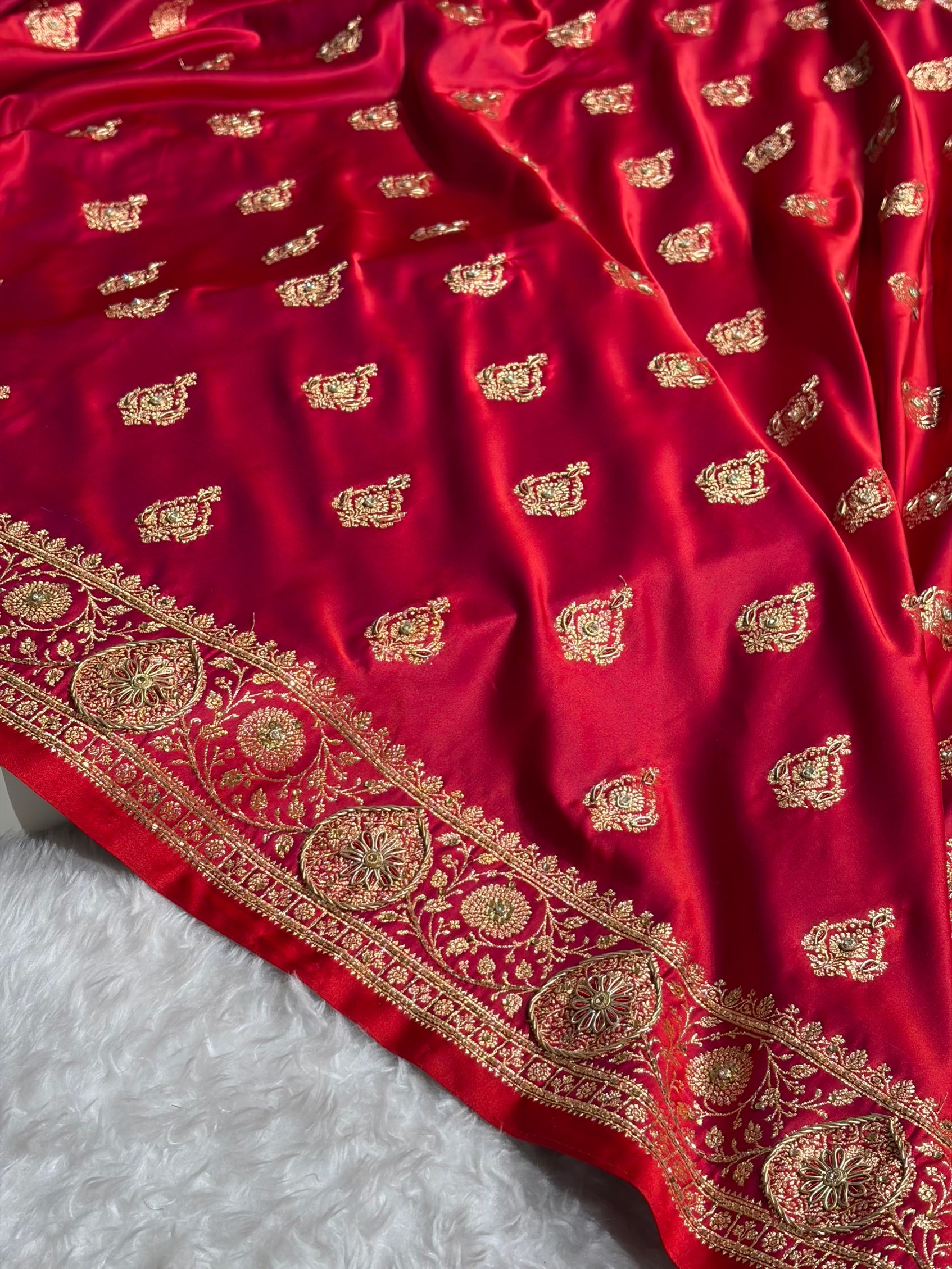 Banarasi Satin Katan Saree With Aari Zardozi Work Boota in Cross Red Shades BSK98