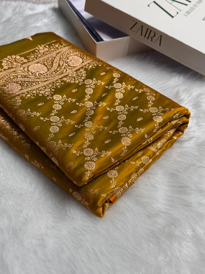 Banarasi Satin Katan Saree Jaal Pattern In Liril Mahndi Shades SK133