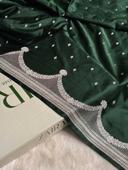 Dark Bottle Green Shades Scallop Mashru Silk Saree MS60