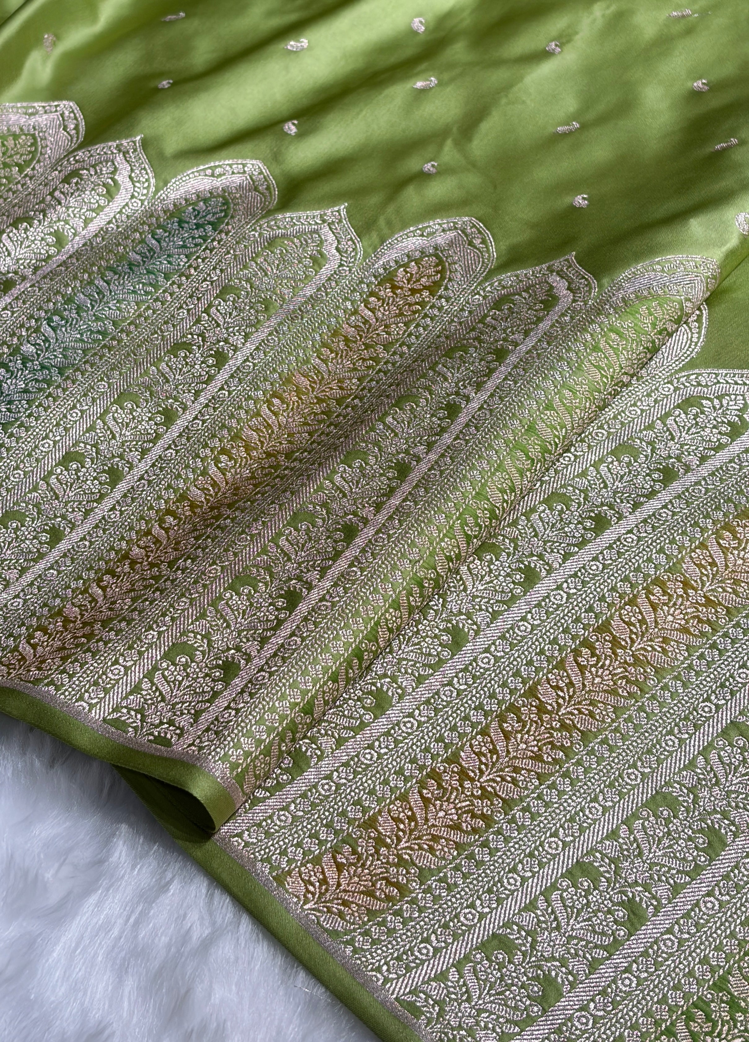 Skirt Border Pista Green Minakari Mashru Silk Saree MS13