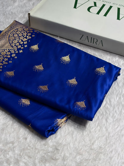 Royal Blue Floral Banasari Pattern Satin Katan Silk Saree SK83