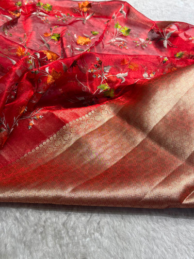 Maroon Shades With Floral Embroidered Pure Tissue Silk Saree with Brocade Blouse PTE-09