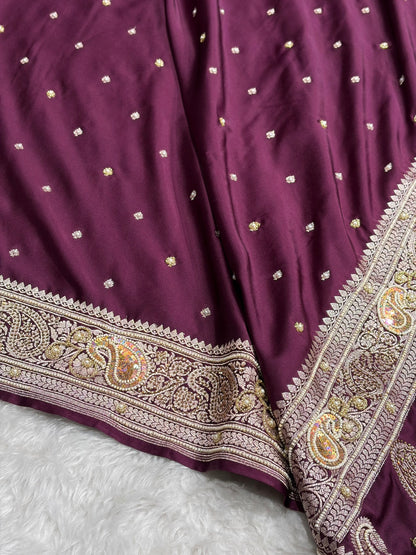 Wine Shades Plain Banarasi With Minakari Ari Zardozi Work Floral Border Mashru Silk Saree BMCS04