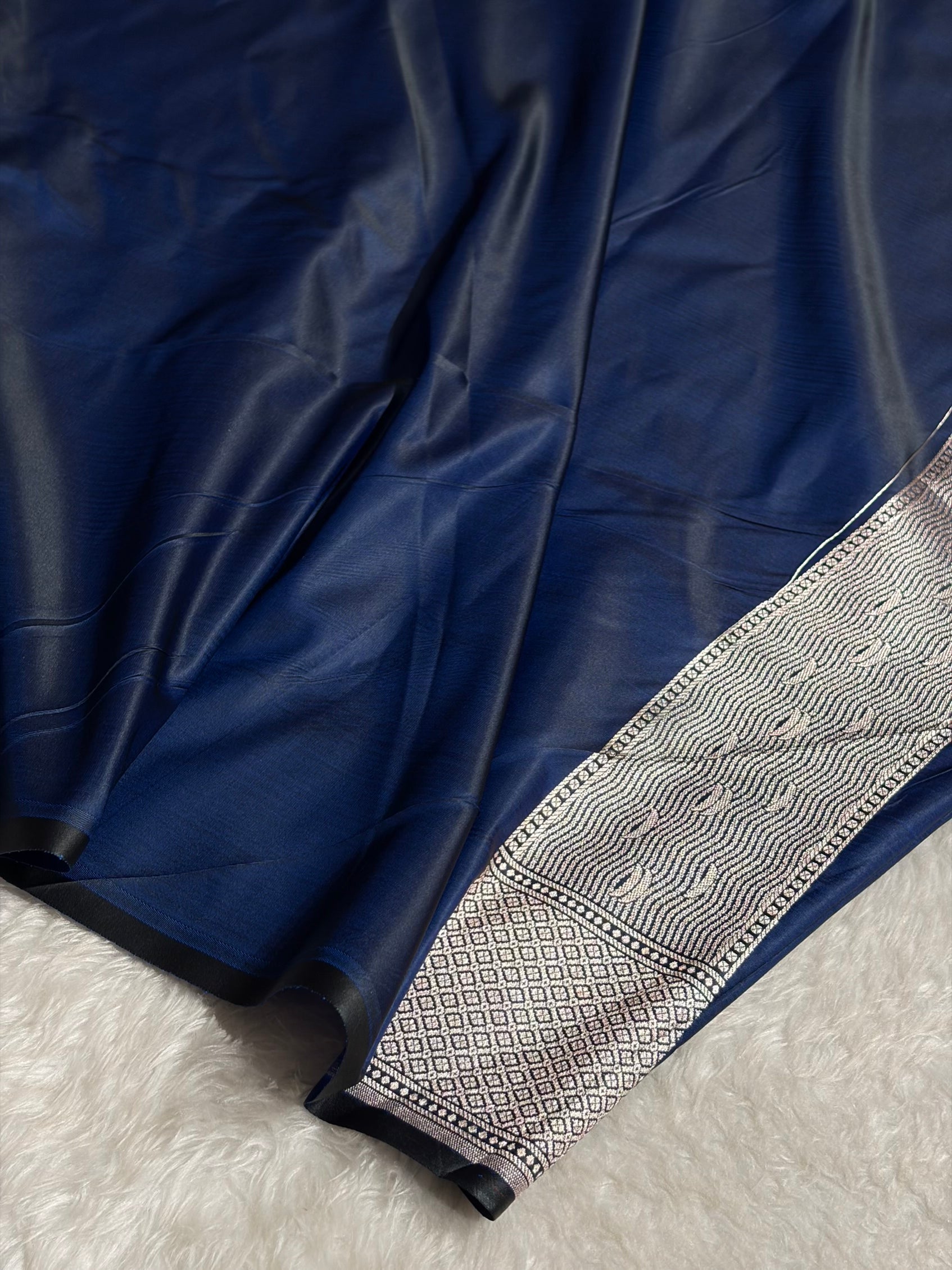 Cross Navy Shades Ghat Pattern Satin Katan Silk Saree SK19