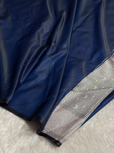 Cross Navy Shades Ghat Pattern Satin Katan Silk Saree SK19