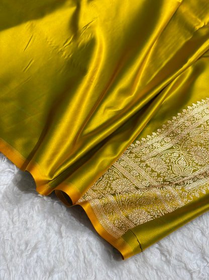 Banarasi Satin Katan Saree With Jaal Pattern in Liril Mehendi Shades SK121