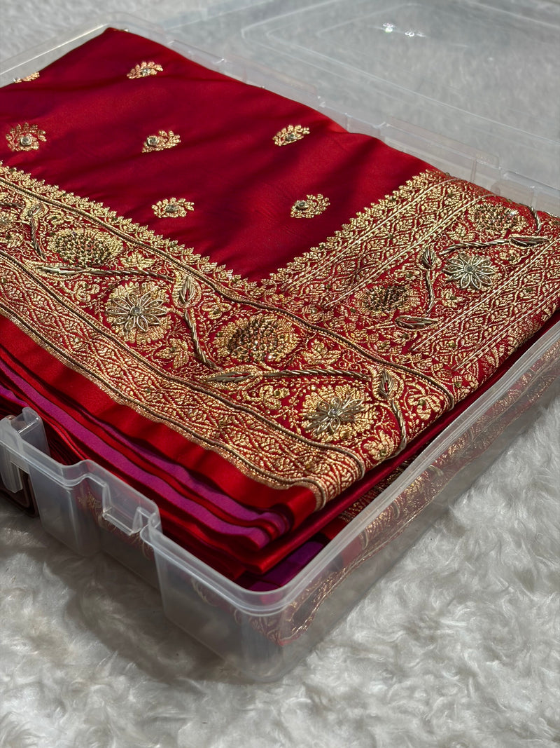 Banarasi Cross Red Work Pattern Satin Katan Silk Saree BSK72