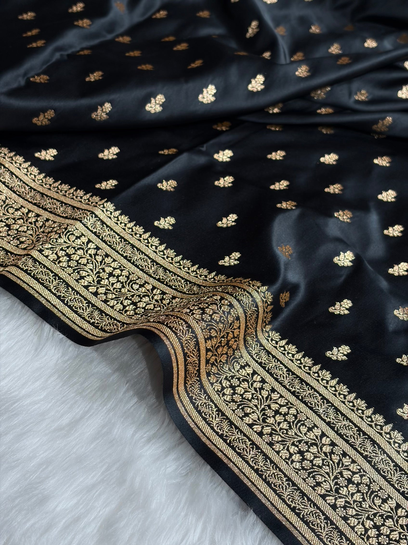 Banarasi Satin Katan Saree With Boota in Black Shades SK89