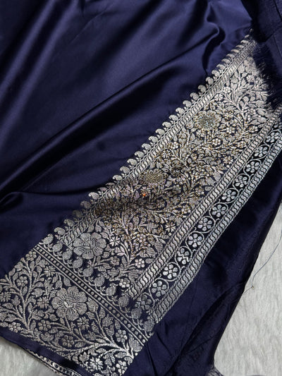 Navy Blue Shades Booti Tanchoi With White Swarovski Work Mashru Silk Saree BMCS49