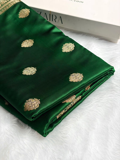 Banarasi Bottle Green Booti Pattern Satin Katan Silk Saree SK65