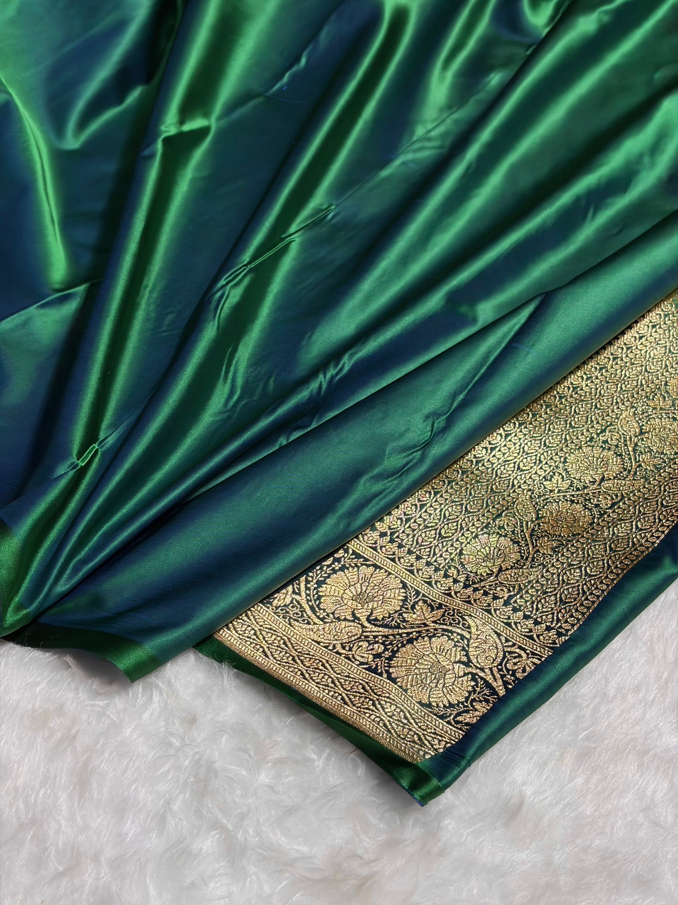 Cross Green Floral Boota Pattern Satin Katan Silk Saree SK72