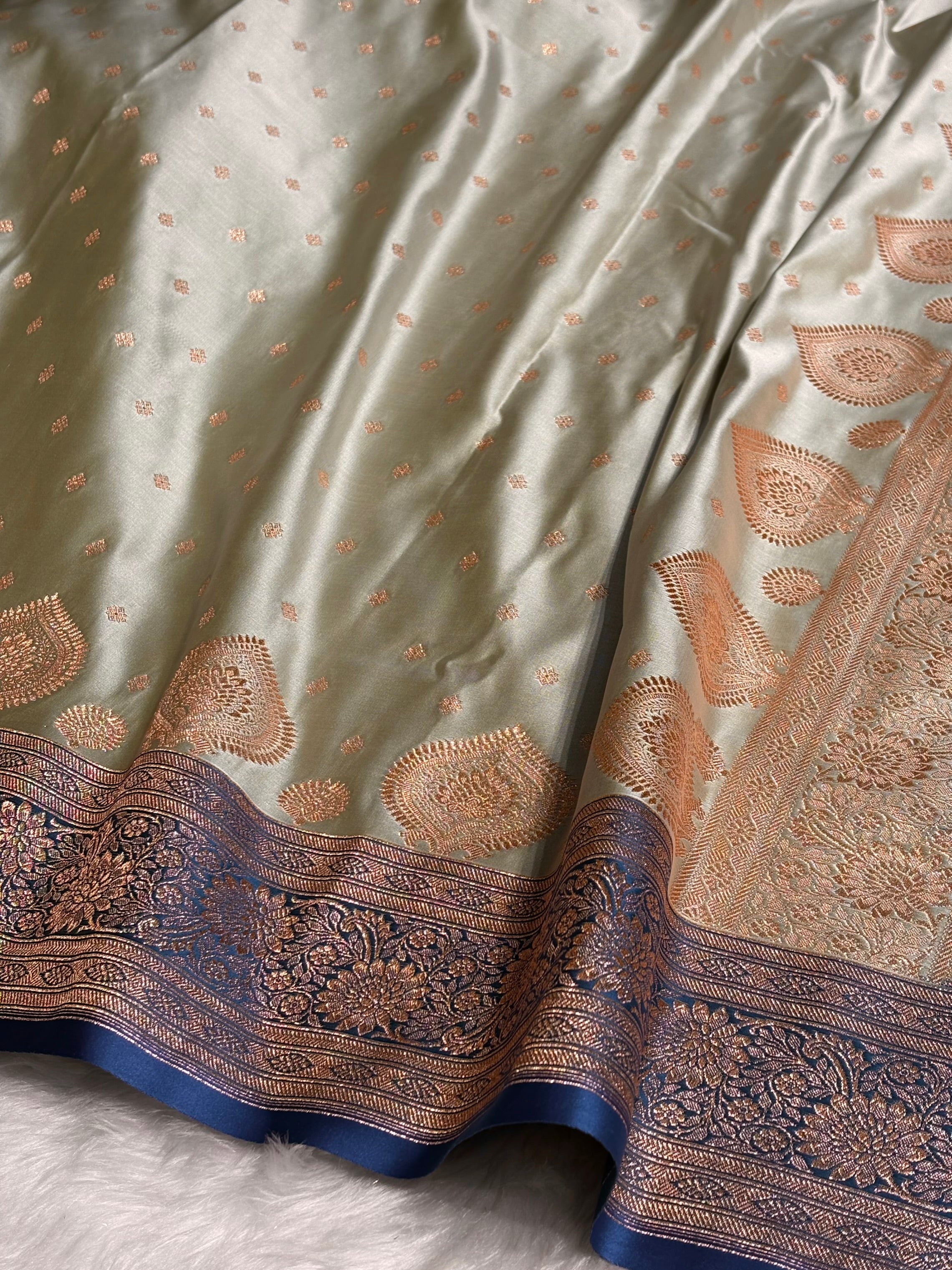 Dark Pista with Firozi Booti Satin Katan Silk Saree SK29