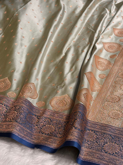 Dark Pista with Firozi Booti Satin Katan Silk Saree SK29