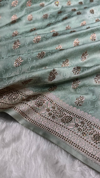Sea Green Shades Tanchoi Motif With Swarovski Work Mashru Silk Saree BMST-10