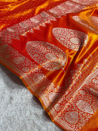 Satin Silk Saree Floral Boota in Firs Gold Shades SS28