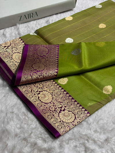 Contrast Pure Banarasi Organza Light Green With Wine Floral Banarasi SilkSaree PO-11