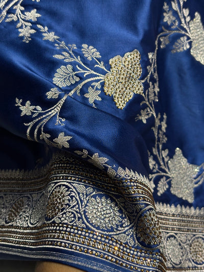 Banarasi Royal Blue Shades Swarovski Work Jaal Mashru Silk Saree BMCS63