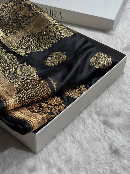Black Unique Swarovski Stone Work Boota Pattern Satin Katan Silk Saree BSK70