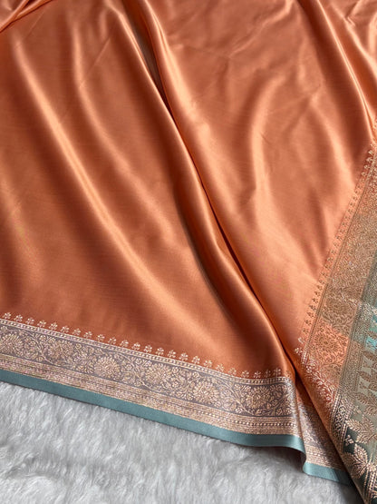 Banarasi Satin Katan Saree in Contrast Peach  /  Turquoise Shades SK131