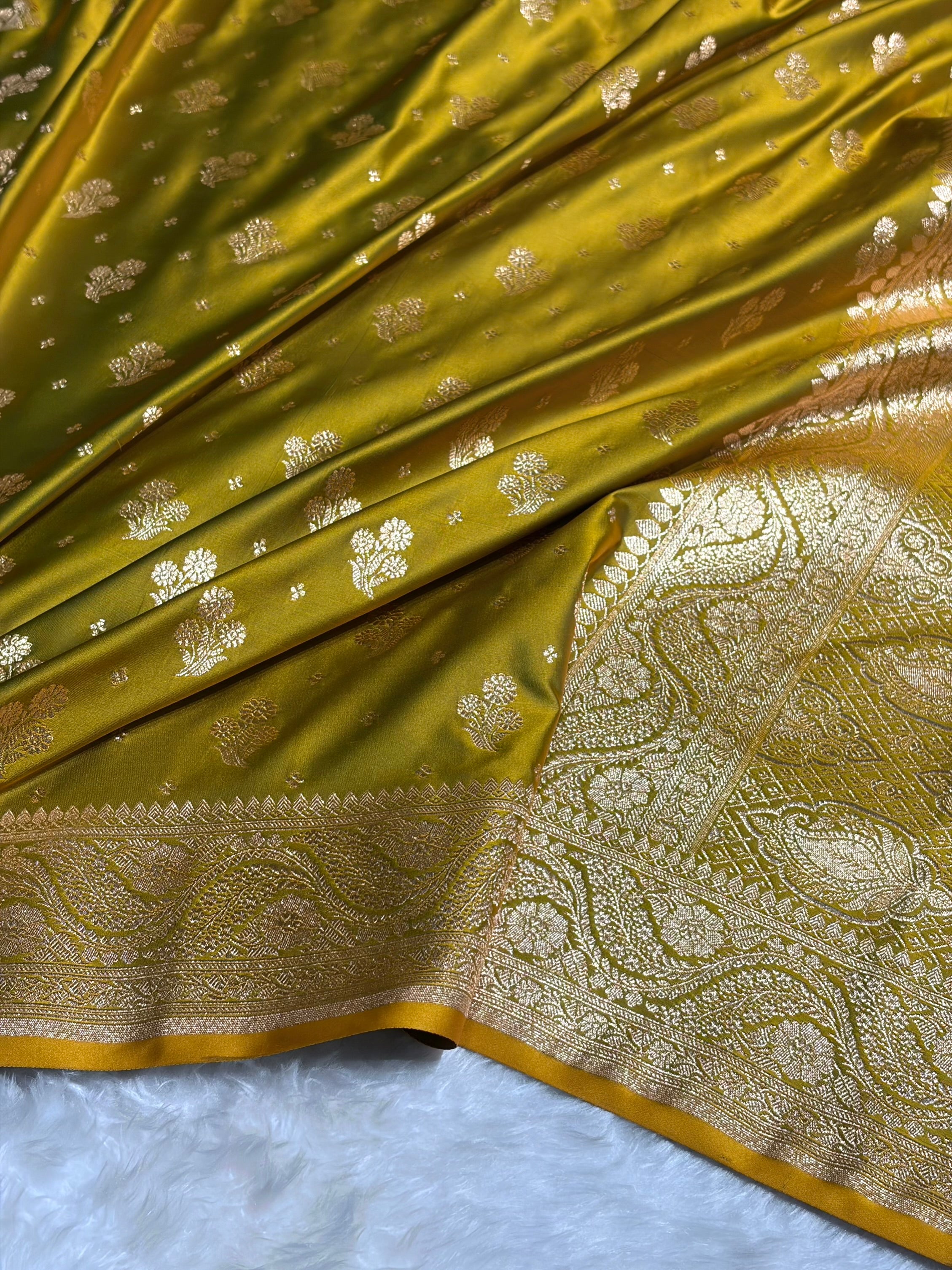 Mehendi Green Floral Unique Boota Satin Katan Silk Saree SK73