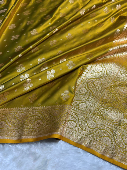 Mehendi Green Floral Unique Boota Satin Katan Silk Saree SK73