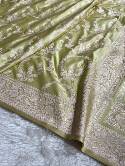 Pista Shades Banarasi With Floral Jaal Pattern Mashru Silk Saree MSM-132