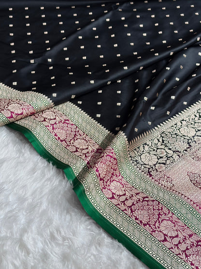 Banarasi Contrast Black With Rani Floral Border Mashru Silk Saree MSM-99