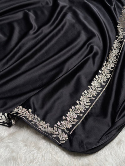 Black With Floral Border Mashru Silk Saree MCS80