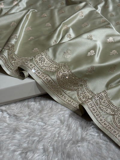 Banarasi Light Pista Scallop Mashru Silk with White Stone Swarovski work BMCS02