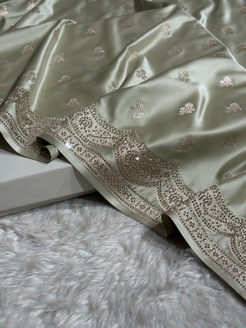Banarasi Light Pista Scallop Mashru Silk with White Stone Swarovski work BMCS02