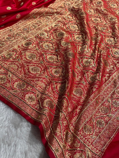 Banarasi Red Work Pattern Satin Katan Silk Saree BSK72