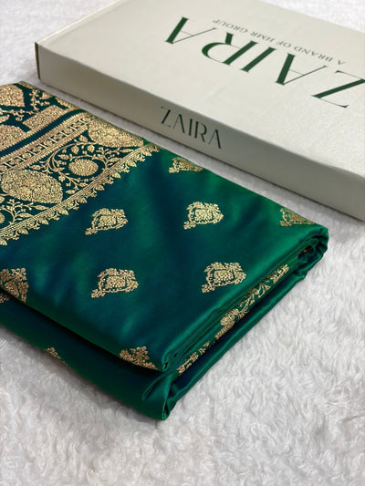 Banarasi Satin Katan Saree With Boota in Cross Green Shades SK98