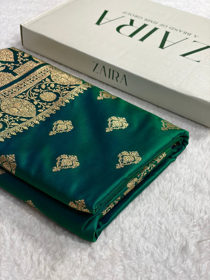Banarasi Satin Katan Saree With Boota in Cross Green Shades SK98
