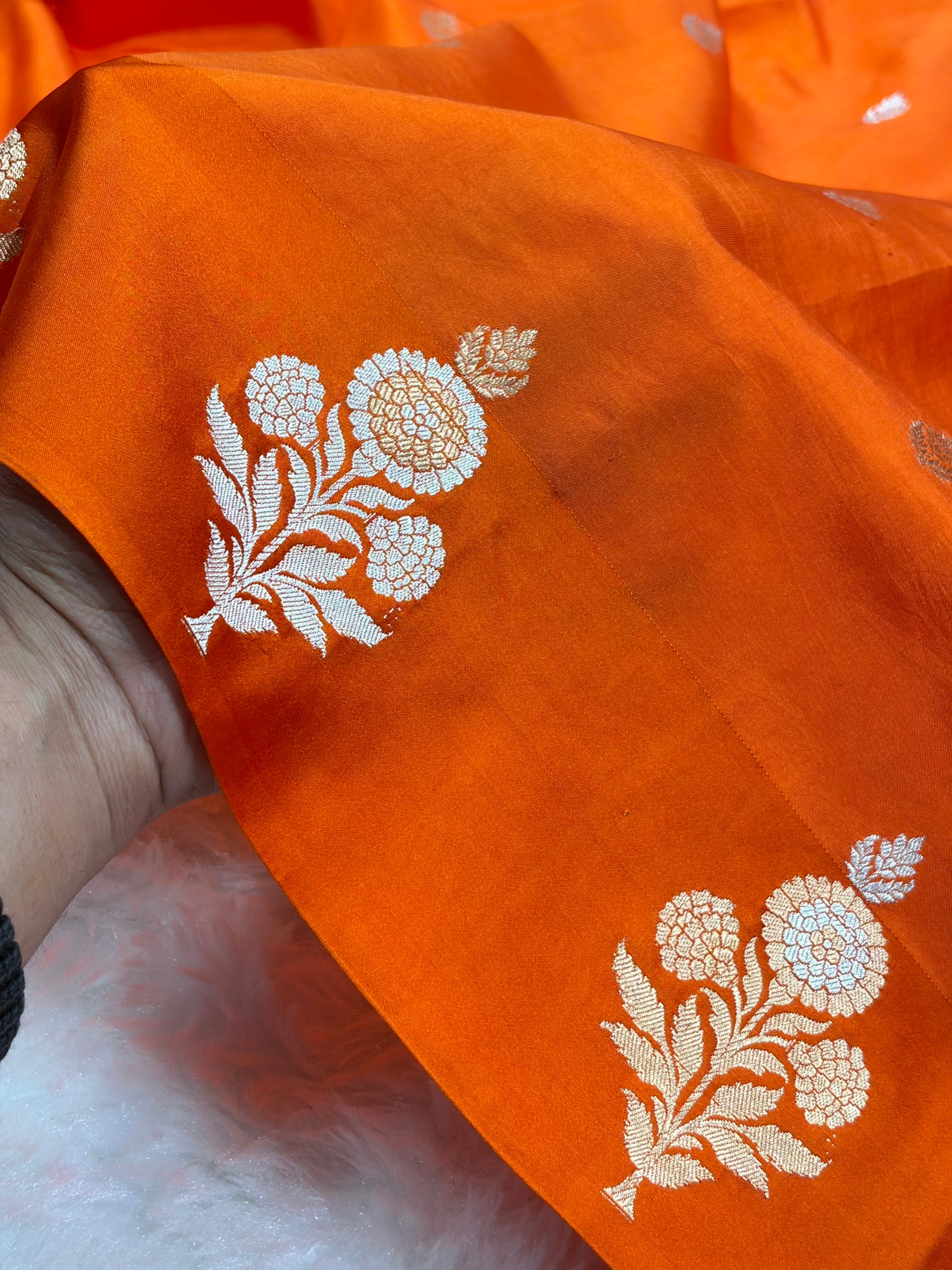 Banarasi Orange Shades Meenakari Boota Handwoven Pure Katan Paper Silk RM-75