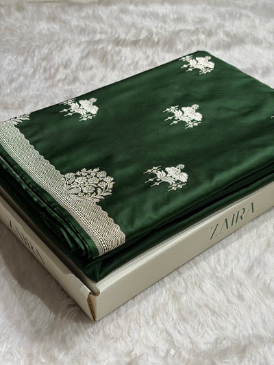 Banarasi Bottle Green Shades Floral Mashru Silk Saree MCS87