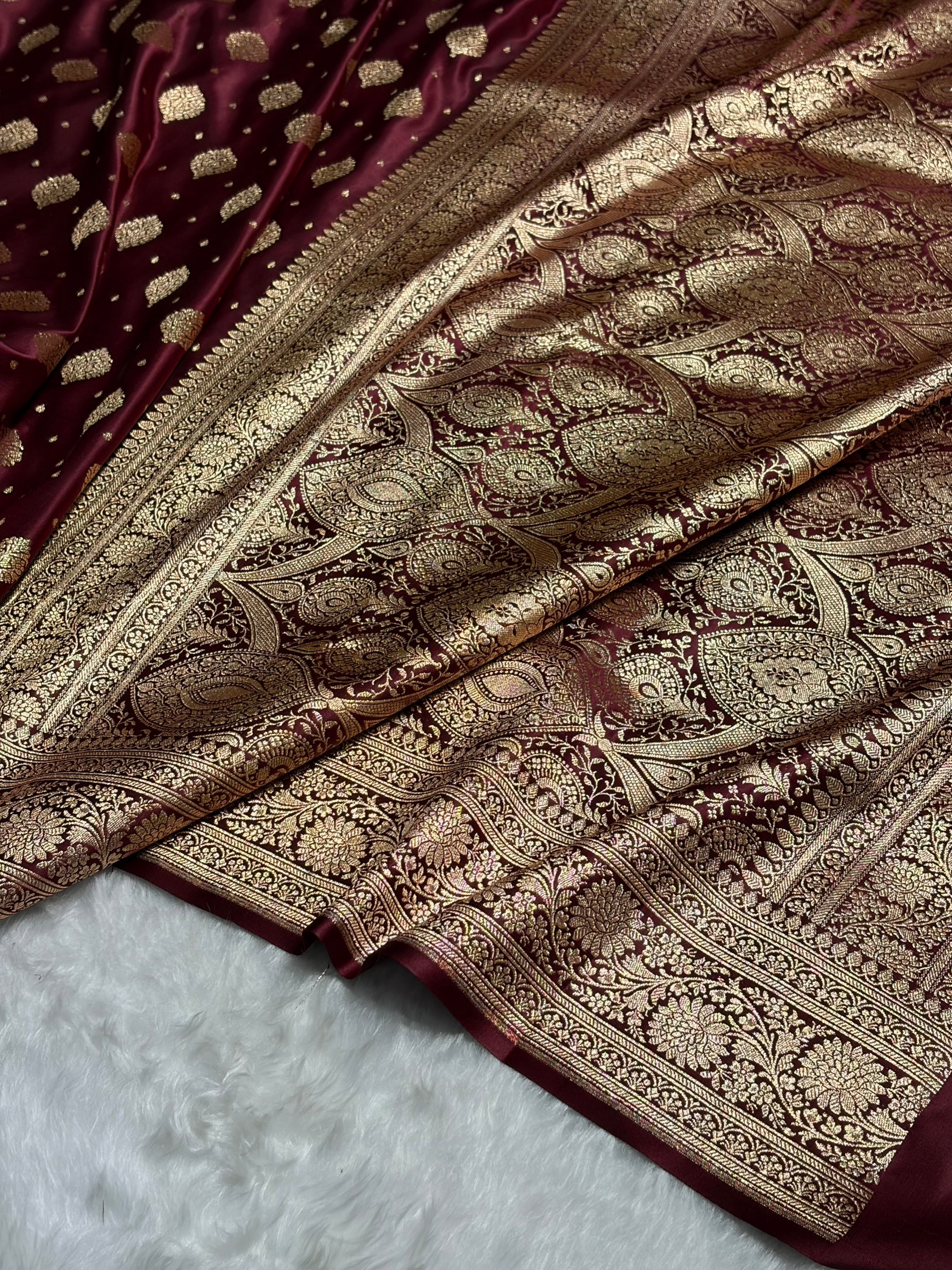 Garnet Unique Boota Pattern Satin Katan Silk Saree SK69