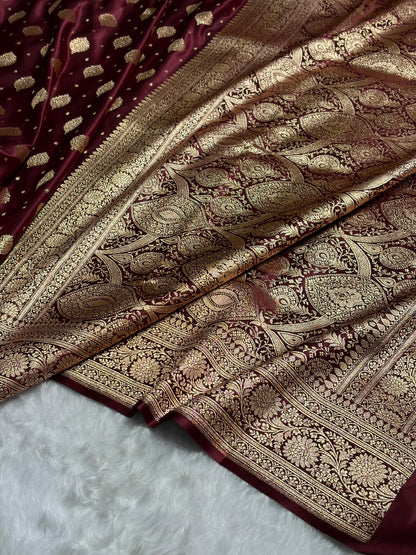 Garnet Unique Boota Pattern Satin Katan Silk Saree SK69