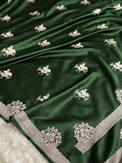 Banarasi Bottle Green Shades Floral Mashru Silk Saree MS87
