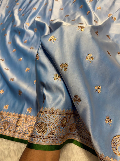 Sky Blue Booti With Swarovski Work Katan Silk Saree BSK09