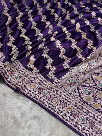 Purple Shades Banarasi Minakari Mashru Silk Saree With Cross Pattern MS02