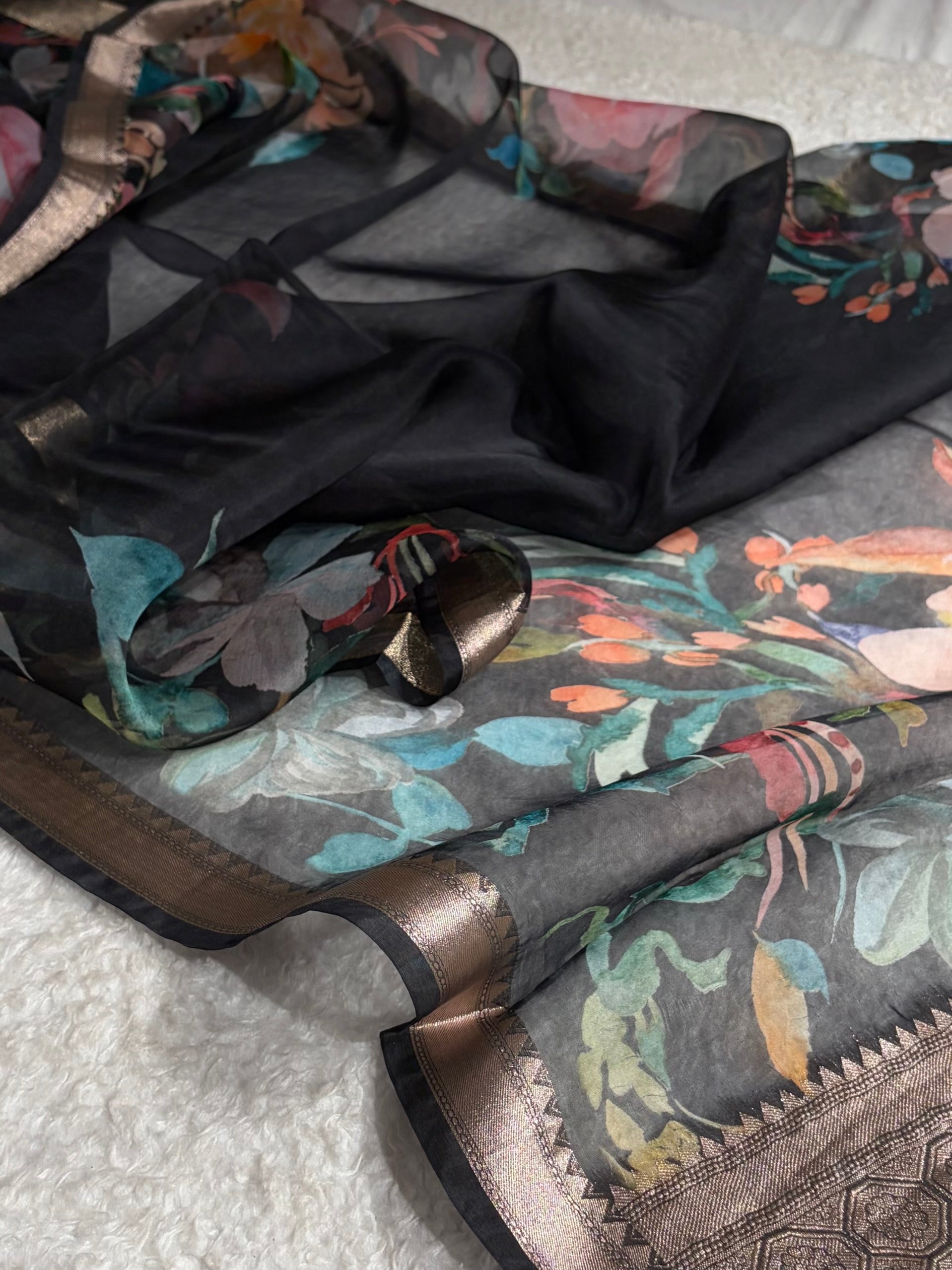 Organza with Pastel Multicolor Florals & Gold Zari Border POP17