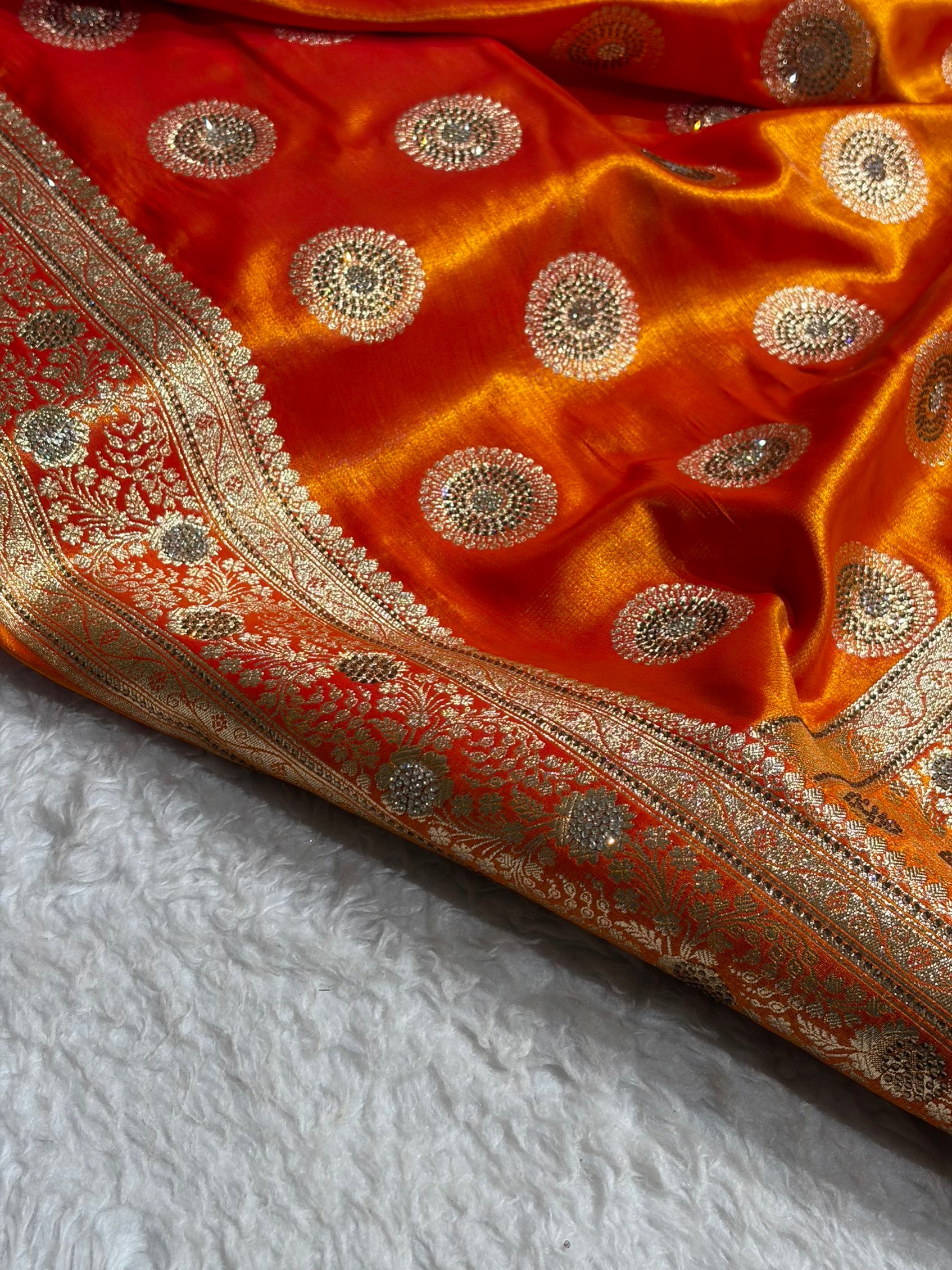 Fire Gold Shades Banarasi With Swarovski Stone Work Satin Silk Saree BSS33