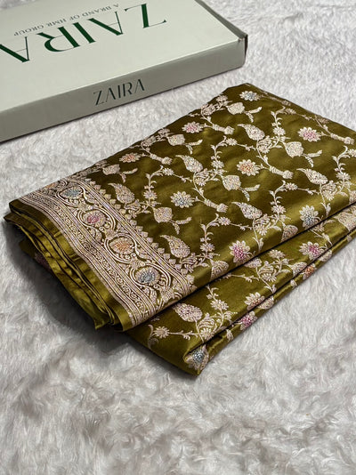 Olive Green Shades In Banarasi Minakari Jaal Mashru Silk Saree MCS42