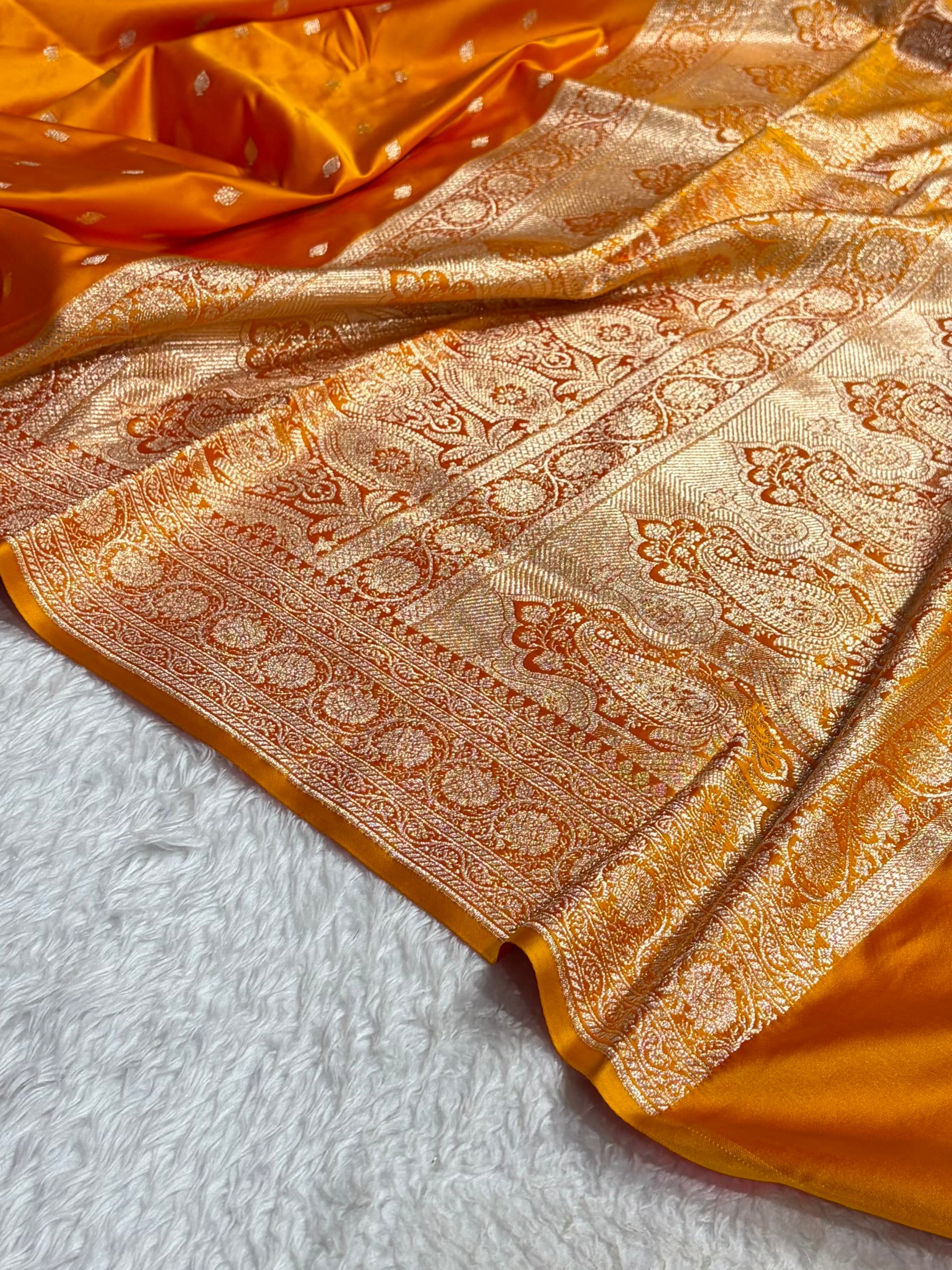 Banarasi Orange Boota With Floral Border Mashru Silk Saree