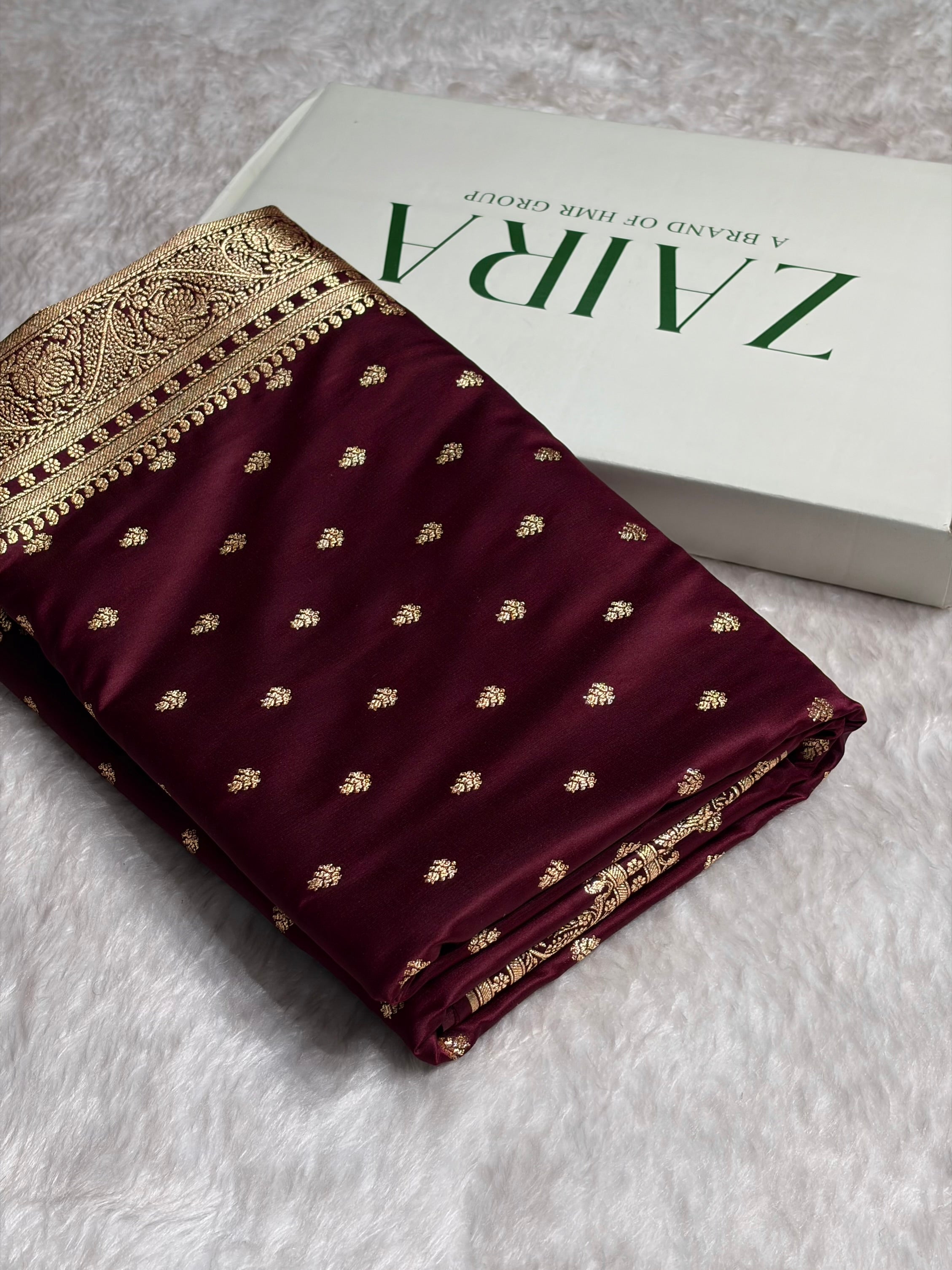 Garnet Floral Pattern Satin Katan Silk Saree SK78