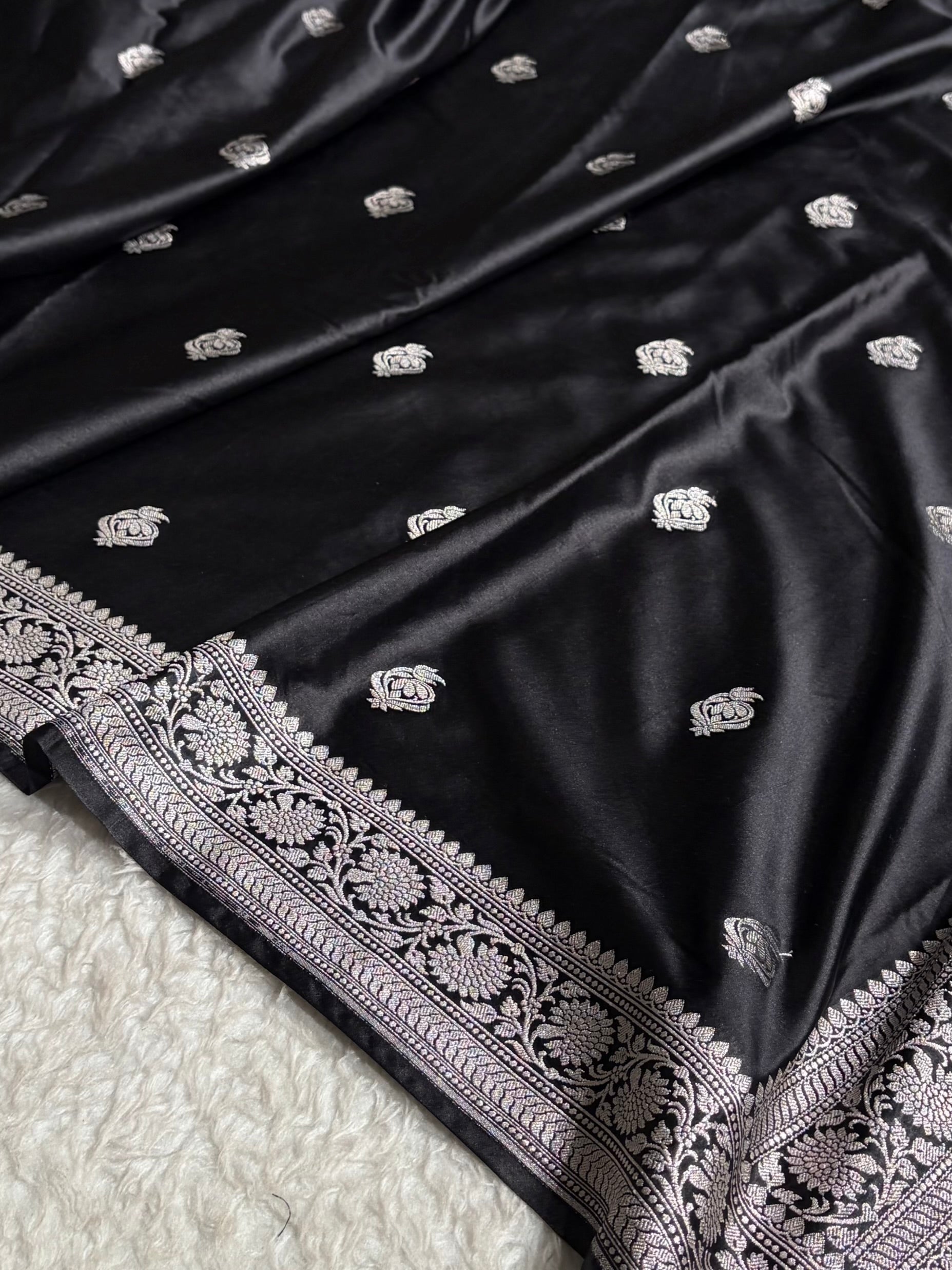 Black Shades Mashru Silk Boota Pattern With Floral Border