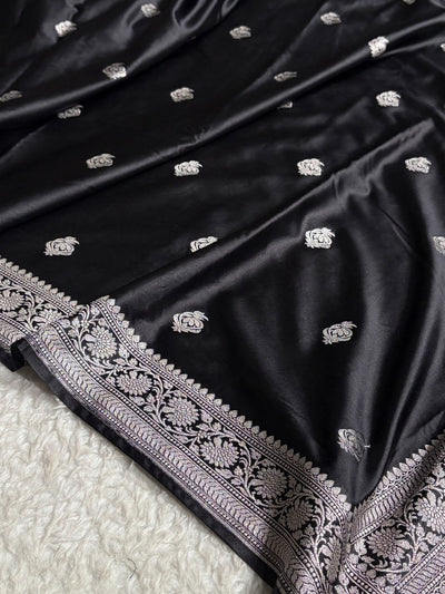 Black Shades Mashru Silk Boota Pattern With Floral Border
