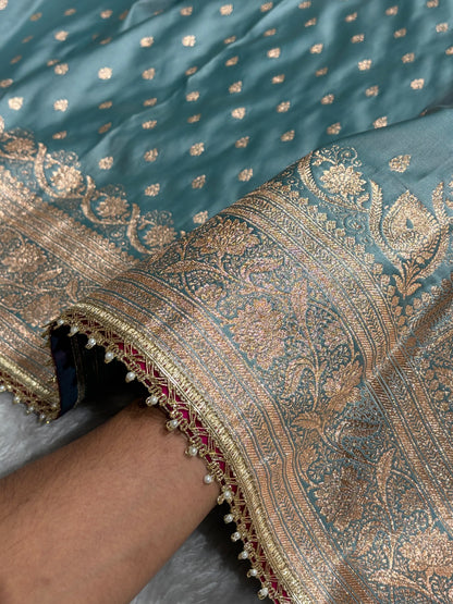 Turquoise Banarasi Satin Katan Silk Saree with gotta Patti SKGP08