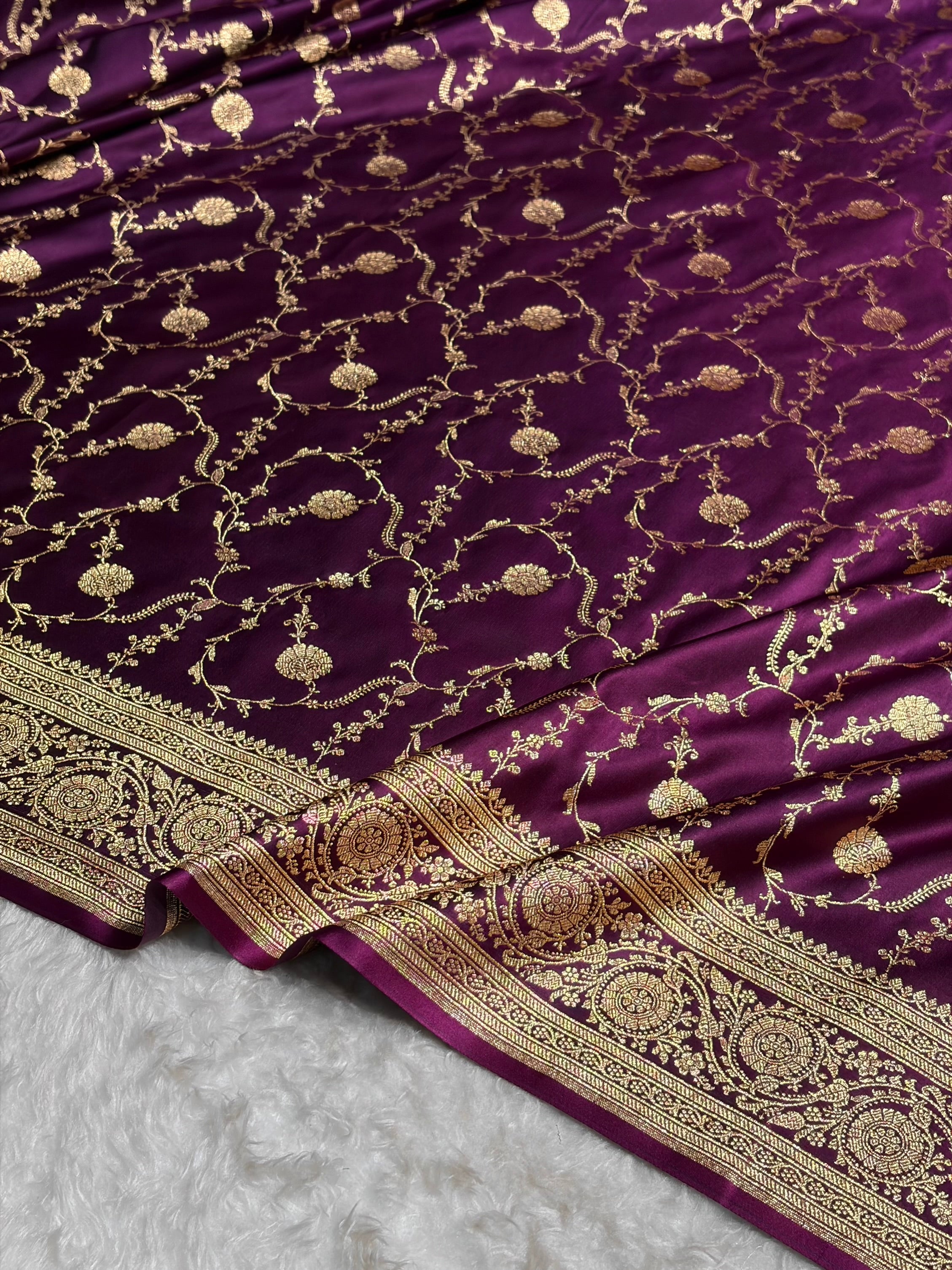 Banarasi Satin Katan Saree in Jaal Pattern Wine Shades SK86