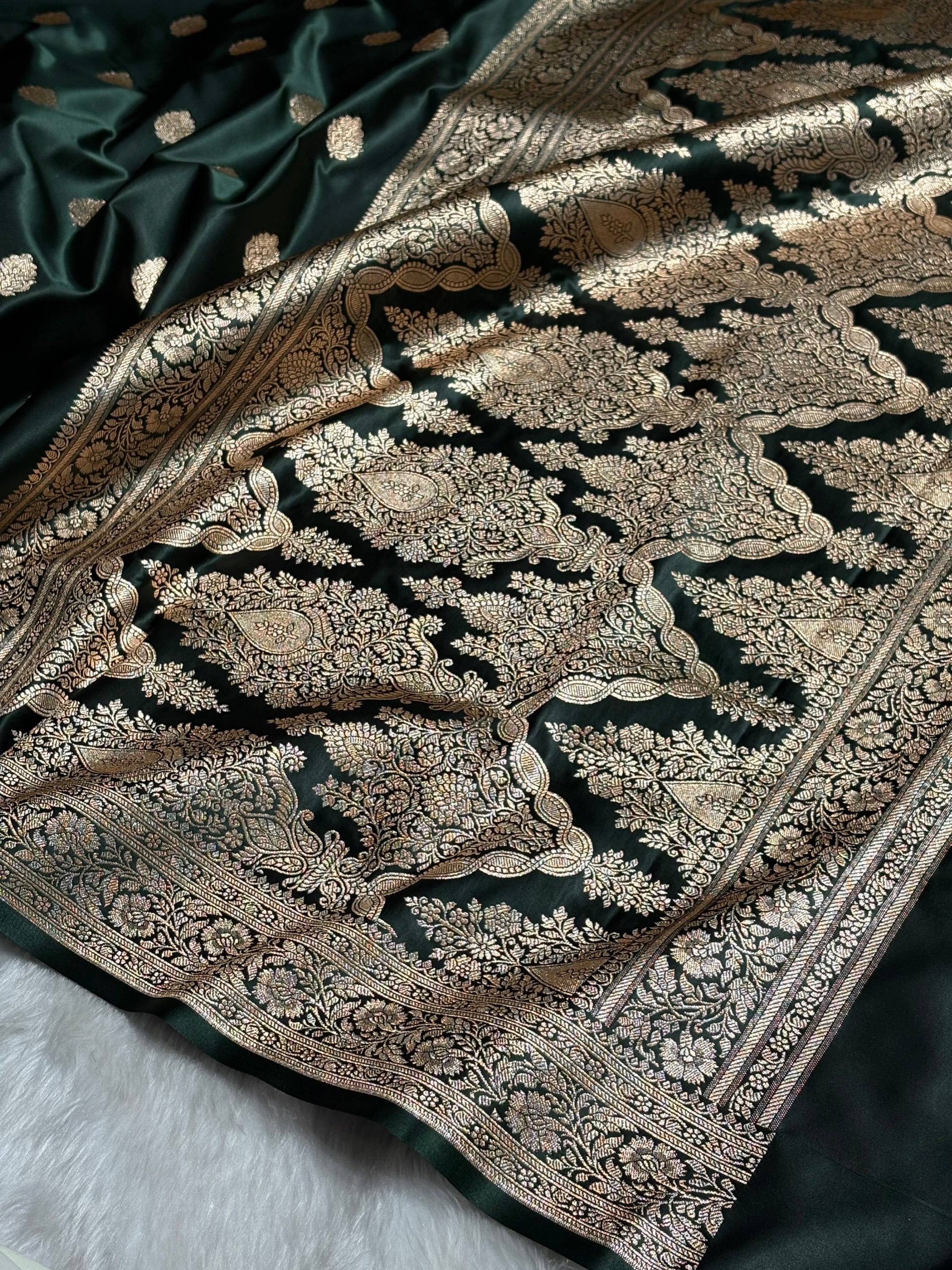Dark Bottle Green Booti Pattern Satin Katan Silk Saree SK65
